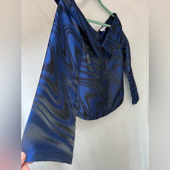 Opening Ceremony Blue Black Shiny Long Sleeve Formal Button Back Top - Picture 3 of 8